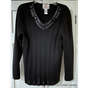 Quacker Factory Metallic Black Sequin Pullover Sweater Large Sparkle V-Neck